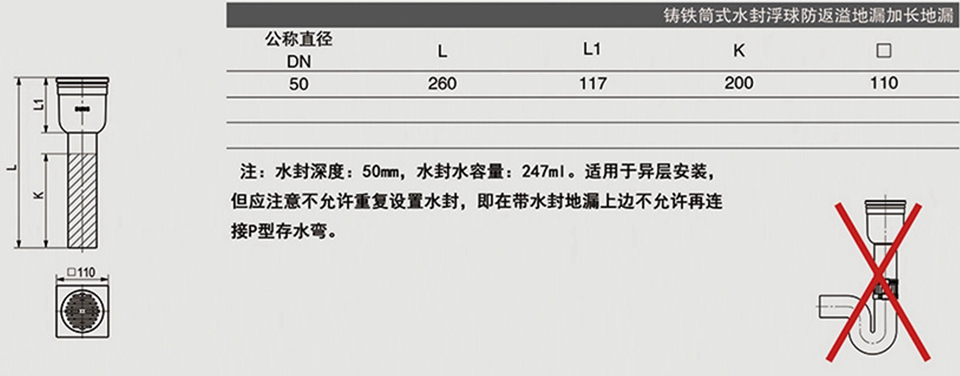 鑄鐵筒式水封浮球加長地漏 (2)